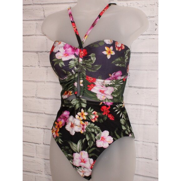 Bar III Women's Floral Keyhole One-Piece Swimsuit Navy Blue Size Medium NWT - Picture 5 of 8